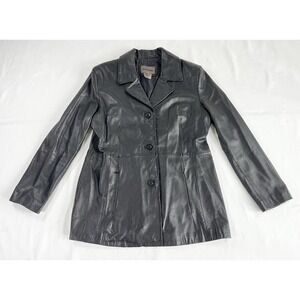 Vintage Y2K Brandon Thomas Black Leather Button Up Jacket Coat Blazer Women's XL